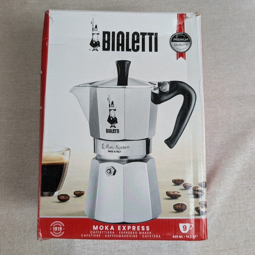 Bialetti Moka Express Espresso Maker 9 Cup Silver NEW Italian Stovetop
